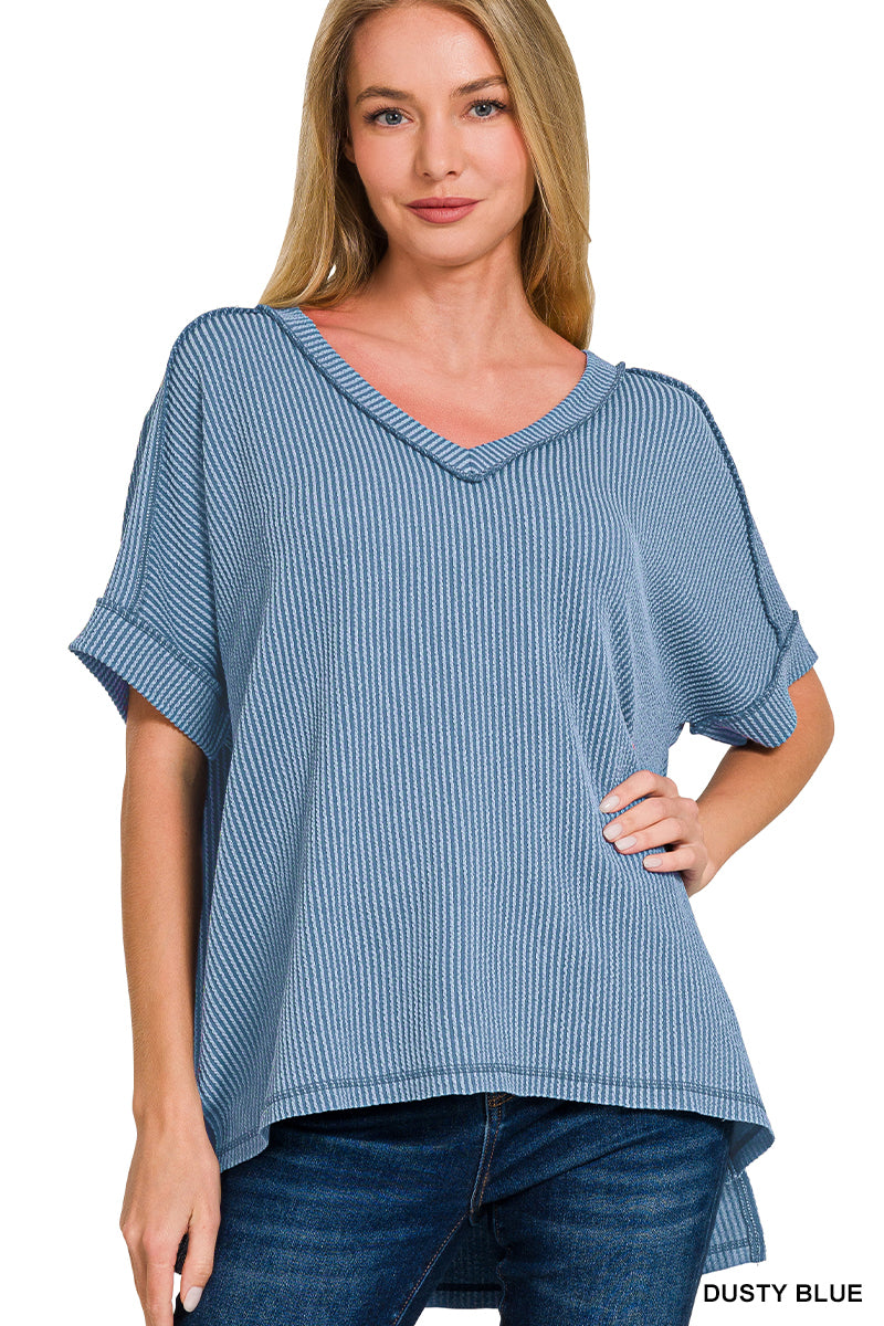 Zenana Corded Rib Short Sleeve High Low V Neck Top - 11 Colors