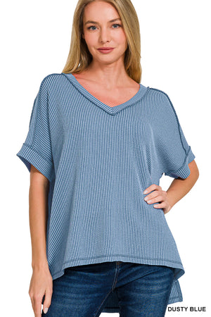 Zenana Corded Rib Short Sleeve High Low V Neck Top - 11 Colors