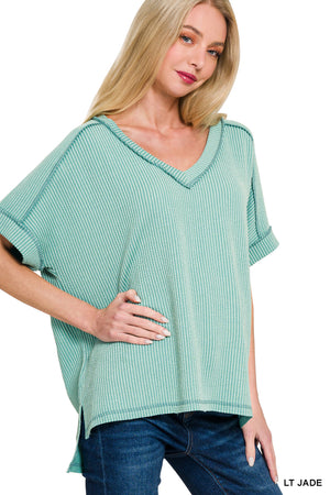 Zenana Corded Rib Short Sleeve High Low V Neck Top - 11 Colors