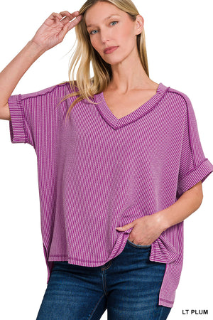 Zenana Corded Rib Short Sleeve High Low V Neck Top - 11 Colors