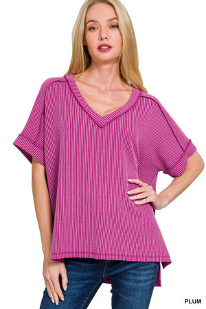 Zenana Corded Rib Short Sleeve High Low V Neck Top - 11 Colors