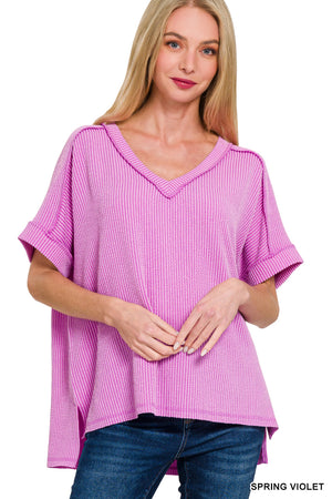 Zenana Corded Rib Short Sleeve High Low V Neck Top - 11 Colors