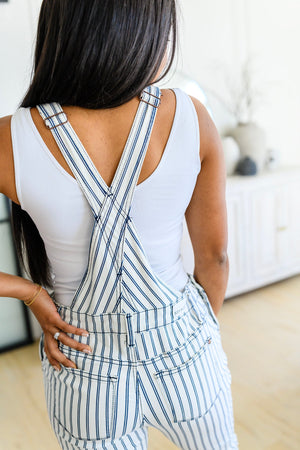 Judy Blue Mid Rise White Denim Railroad Striped Slim Boyfriend Overall Jeans