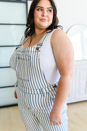 Judy Blue Mid Rise White Denim Railroad Striped Slim Boyfriend Overall Jeans