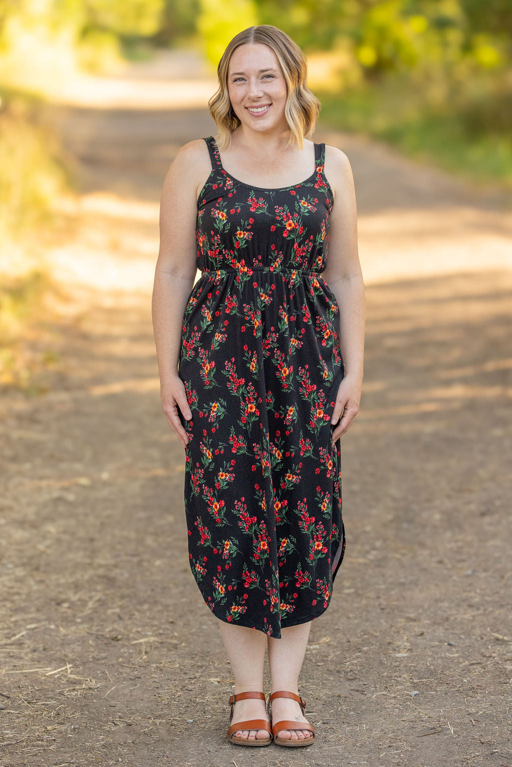 Reagan Ribbed Midi Dress - Black Floral by Michelle Mae