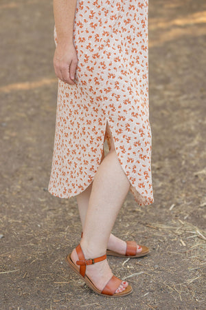 Reagan Ribbed Midi Dress - Sand and Rust Floral by Michelle Mae