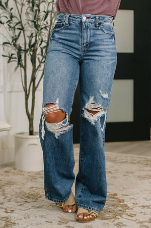 Judy Blue High Waist Rigid Magic Column Adjustable Waistband Tabs Straight Leg Destructed Jeans
