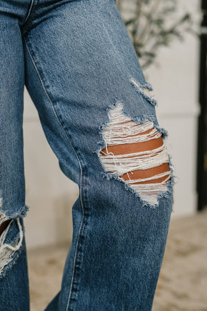 Judy Blue High Waist Rigid Magic Column Adjustable Waistband Tabs Straight Leg Destructed Jeans