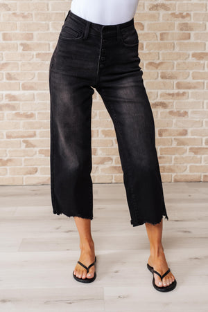 Judy Blue High Rise Button Fly Wide Leg Black Crop Jeans