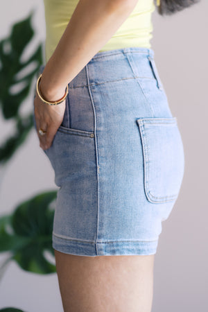 Risen High Waist Double Button Salt + Sand Denim Shorts