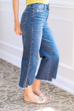 Judy Blue High Waist Button Fly Destroy Hem Wide Leg Crops