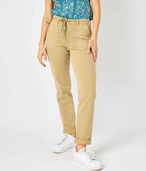 Judy Blue High Waist Garment Dyed Cuffed Jogger Jeans in Khaki