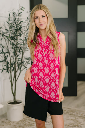 Sea Spray Collared Sleeveless Top in Floral Ikat by Dear Scarlett