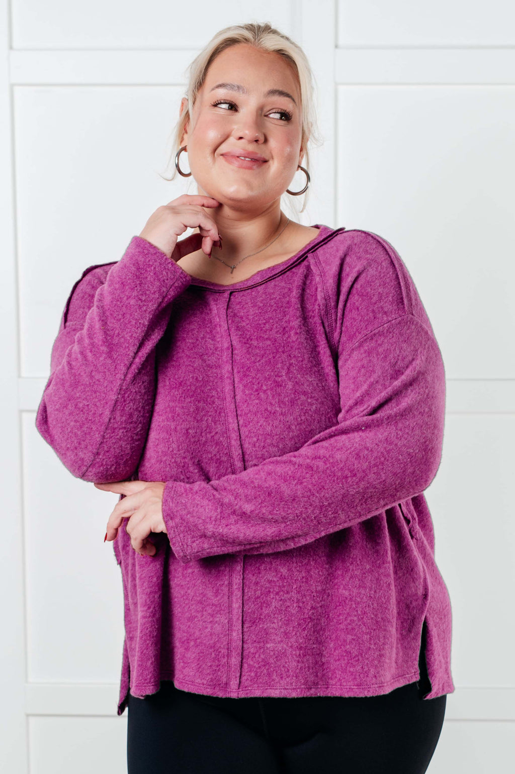 Zenana Simple Silhouette Brushed Hacci Sweater in Light Plum