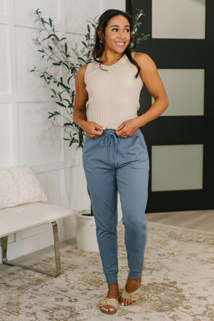 Sweat It High Waisted Joggers in Dusty Blue