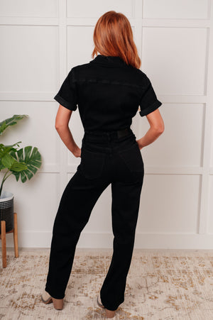 Judy Blue Short Sleeve Control Top Black  Denim Jumpsuit