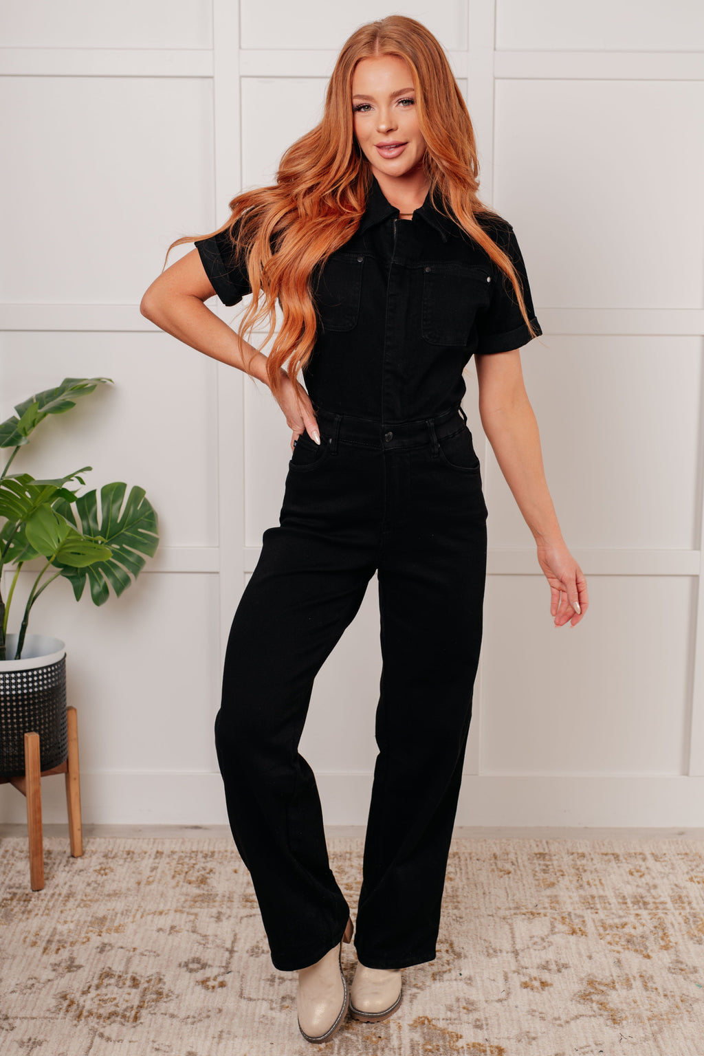 Judy Blue Short Sleeve Control Top Black  Denim Jumpsuit