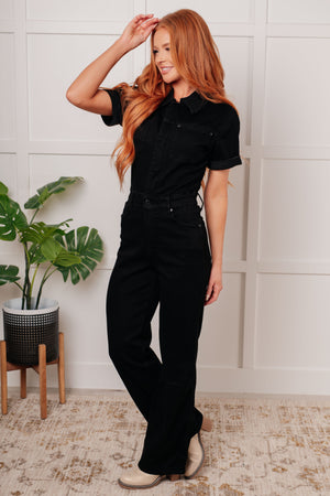 Judy Blue Short Sleeve Control Top Black  Denim Jumpsuit