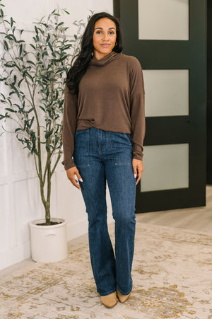 Travel Destination Cowl Neck Pullover in Chocolate by Dear Scarlett