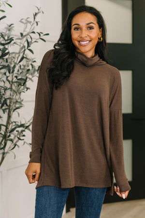 Travel Destination Cowl Neck Pullover in Chocolate by Dear Scarlett