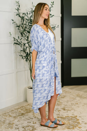Tropical Print Gauze Kimono with Elastic Waist Tie in Periwinkle