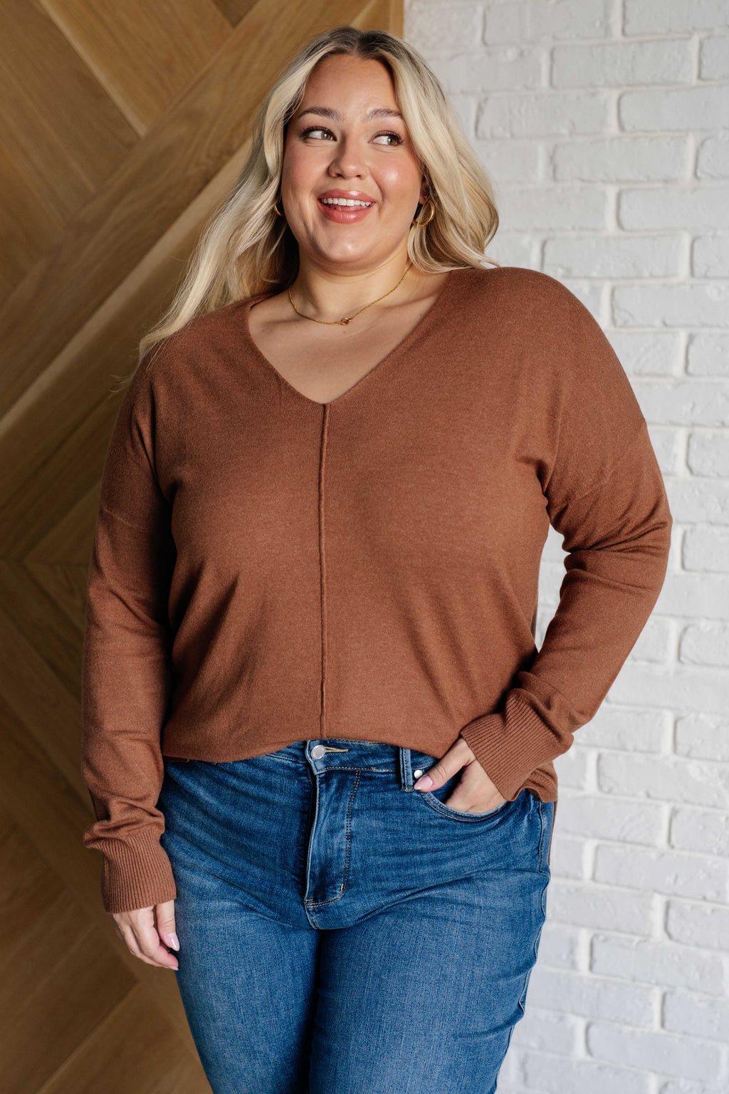 Zenana V-Neck Front Seam Sweater in Deep Camel