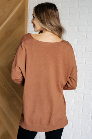 Zenana V-Neck Front Seam Sweater in Deep Camel