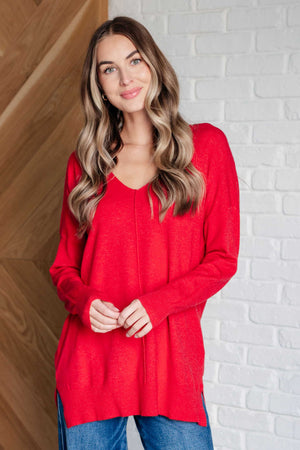 Zenana V-Neck Front Seam Sweater in Heather Red