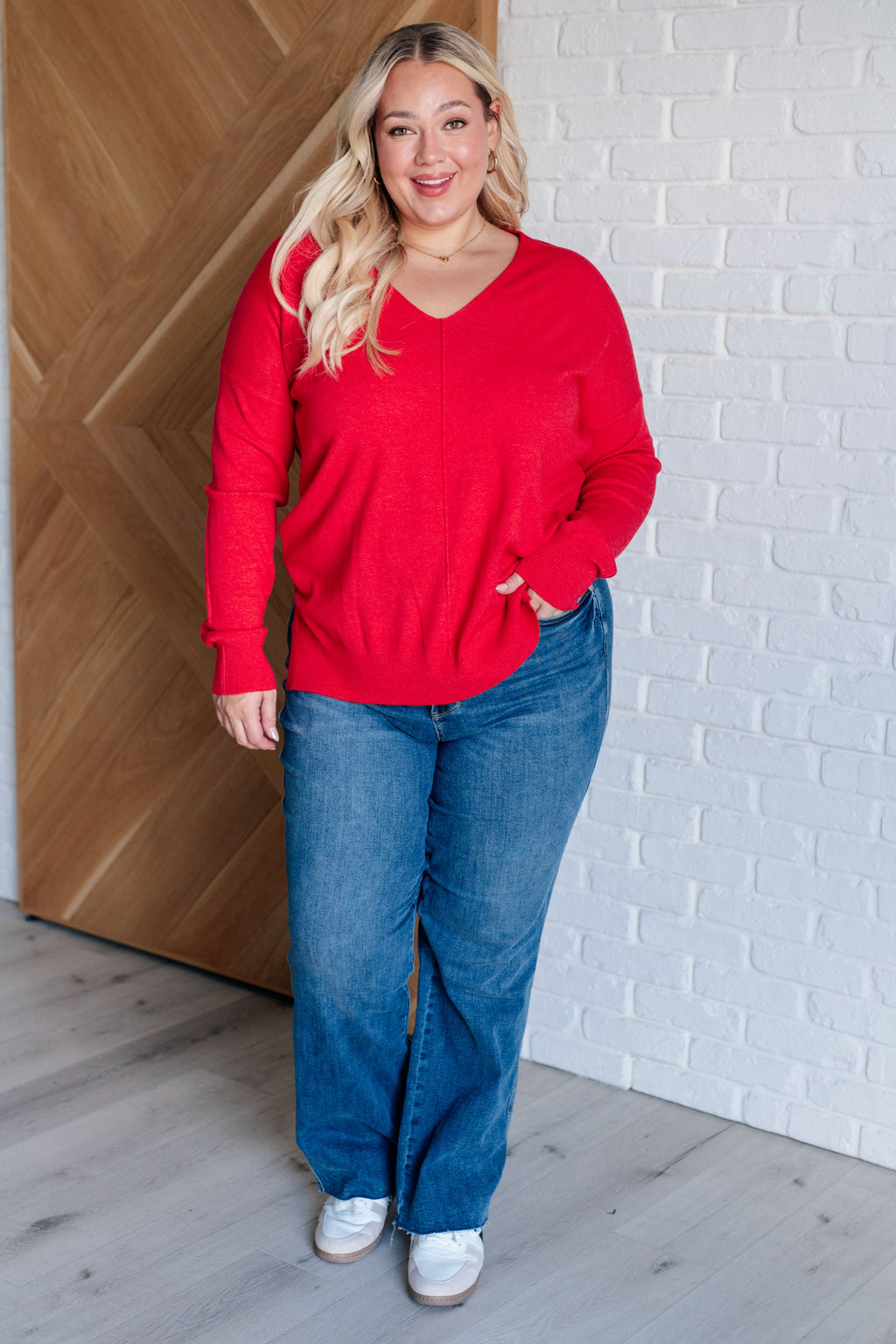 Zenana V-Neck Front Seam Sweater in Heather Red