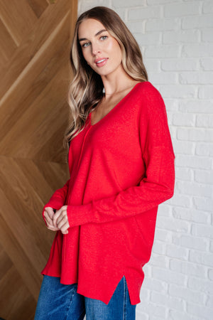 Zenana V-Neck Front Seam Sweater in Heather Red