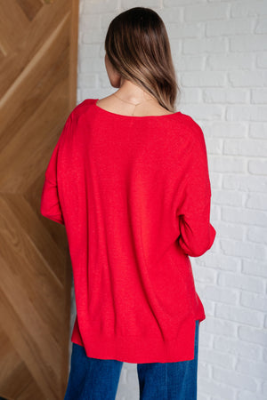 Zenana V-Neck Front Seam Sweater in Heather Red