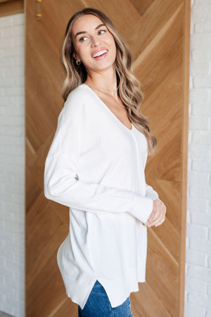 Zenana V-Neck Front Seam Sweater in Ivory