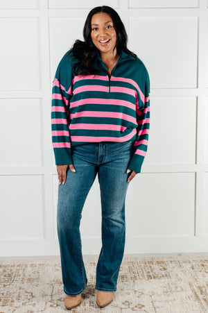 Well Situated Striped Quarter Zip Sweater in Green and Pink