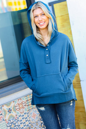 Zenana Cozy Up Teal French Terry Snap Button Hoodie