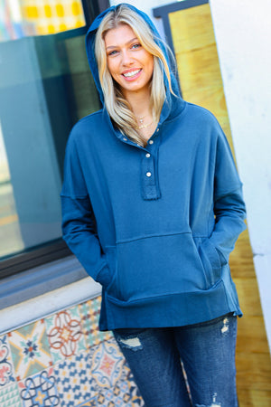 Zenana Cozy Up Teal French Terry Snap Button Hoodie