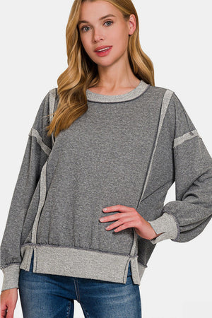 Zenana Washed Exposed-Seam Sweatshirt in Grey