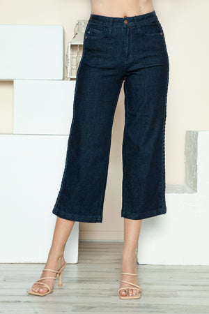 Judy Blue High Waist Side Seam Braid Detail Crop Wide Leg Dark Blue Jeans