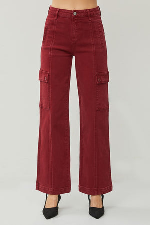 RISEN High Rise Wide Leg Cargo Jeans in Wine