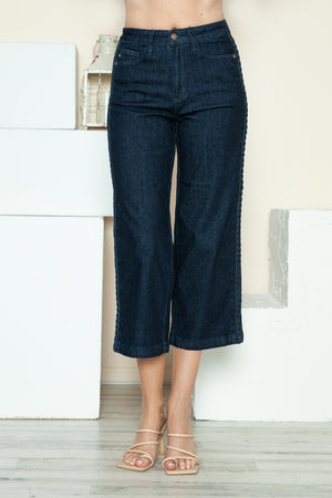 Judy Blue High Waist Side Seam Braid Detail Crop Wide Leg Dark Blue Jeans