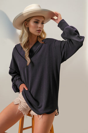 Exposed Seam Ribbed Textured V-Neck Long Sleeve T-Shirt n Purple