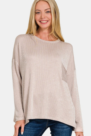 Zenana Ribbed Striped Long Sleeve T-Shirt Ash Mocha