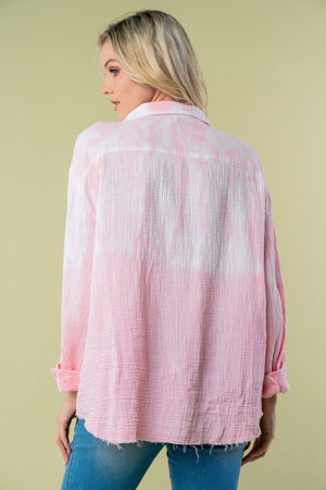 Pink Long Sleeve Tie Dye Cotton Gauze Shirt