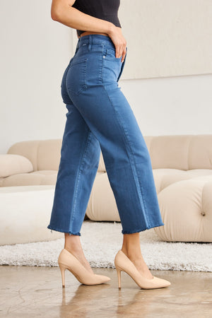 RFM Tummy Control High Waist Raw Hem Wide Leg Crop Jeans in Blue Slate