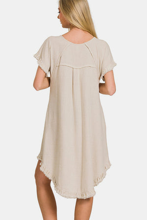 Zenana Fringe Edge High Low Flowy Dress with Pockets Beige