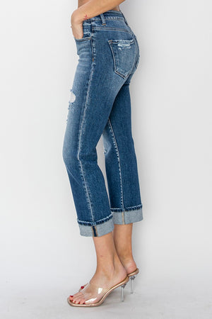 RISEN Mid Rise Cuffed Ankle Distressed Straight Jeans