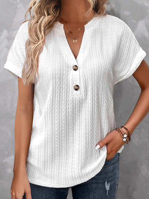 Cable Knit Textured Notched Short Sleeve White Blouse