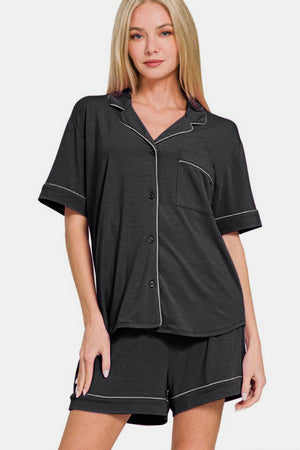 Zenana Button Down Short Sleeve Top and Shorts Lounge Set Black