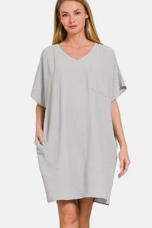 Zenana V-Neck Tee Dress with Pockets Lt Grey