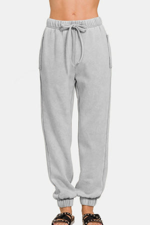 Zenana Acid Wash Fleece Drawstring Sweatpants with Pockets Sleet