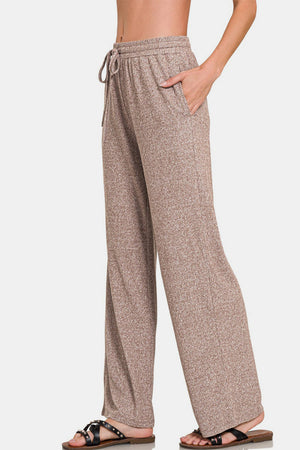 Zenana Drawstring Wide Leg Pants with Side Pockets Mocha Brown